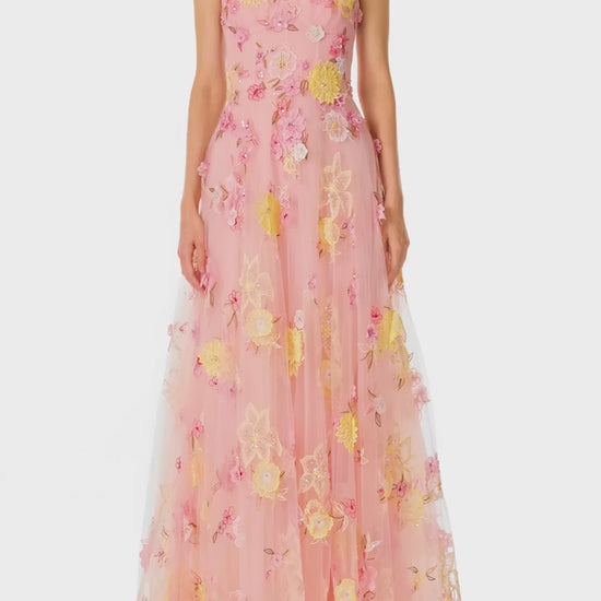 Monique Lhuillier Spring 2025 sleeveless gown in yellow and pink floral embroidered tulle - video.