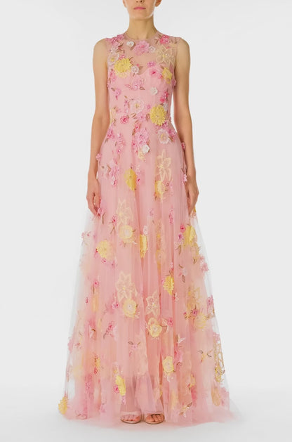 Monique Lhuillier Spring 2025 sleeveless gown in yellow and pink floral embroidered tulle - video.