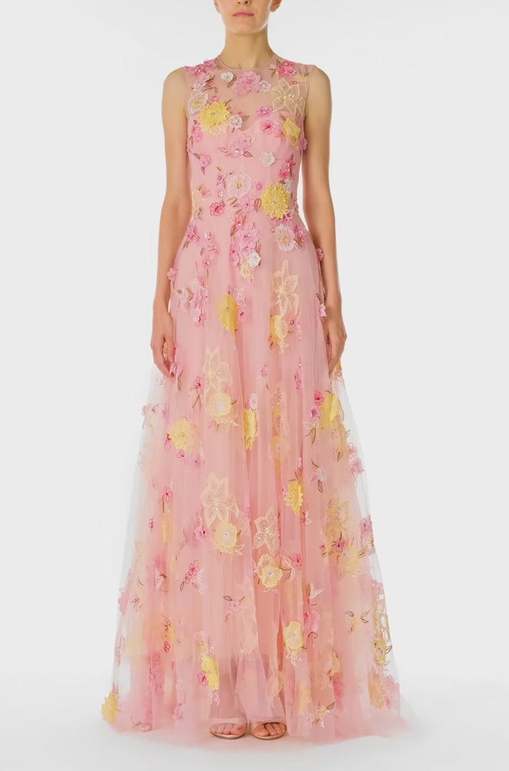 Monique Lhuillier Spring 2025 sleeveless gown in yellow and pink floral embroidered tulle - video.