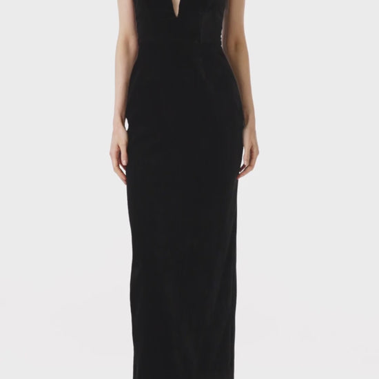 Monique Lhuillier black velvet strapless column dress with plunging, sweetheart neckline.