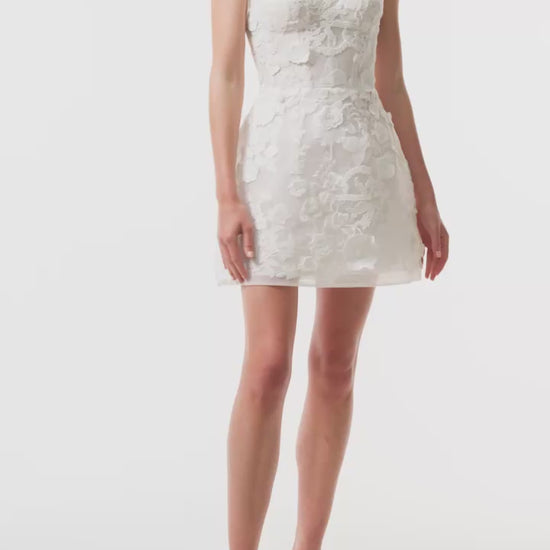 Monique Lhuillier strapless mini dress in silk white three dimensional lace- video.