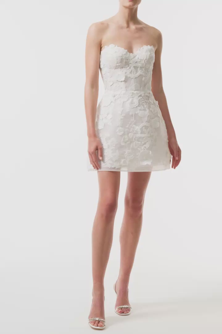 Monique Lhuillier strapless mini dress in silk white three dimensional lace- video.
