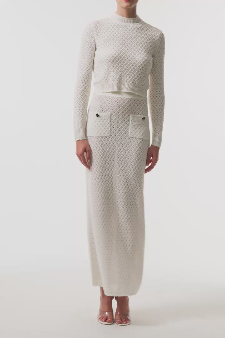 Monique Lhuillier Fall 2025 cotton diamond lace knit long sleeve top and midi skirt- video.
