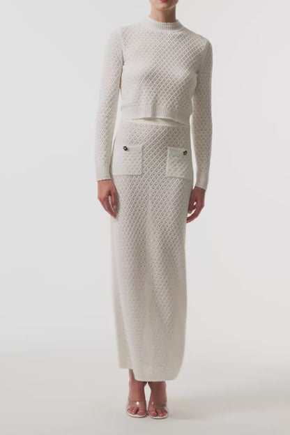 Monique Lhuillier Fall 2025 cotton diamond lace knit long sleeve top and midi skirt- video.