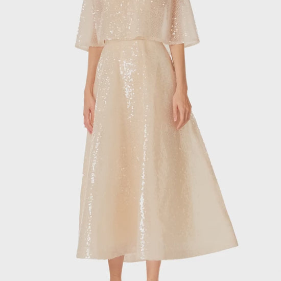 Monique Lhuillier Spring 2025 prosecco colored sequin capelet - video.
