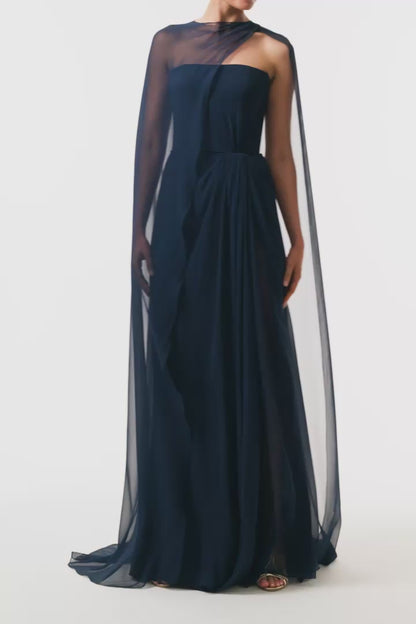 Monique Lhuillier Fall 2025 strapless draped gown with floor-length cape in Ocean chiffon - video.
