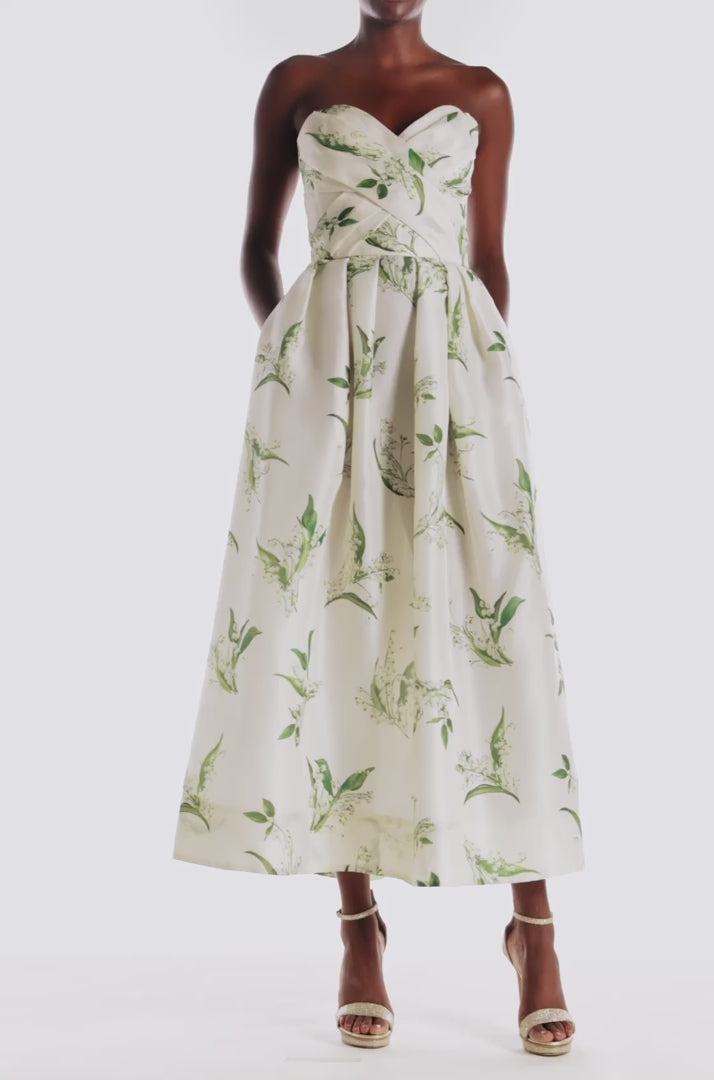 Monique Lhuillier Silk White/leaf printed organza strapless Florette Dress - video.