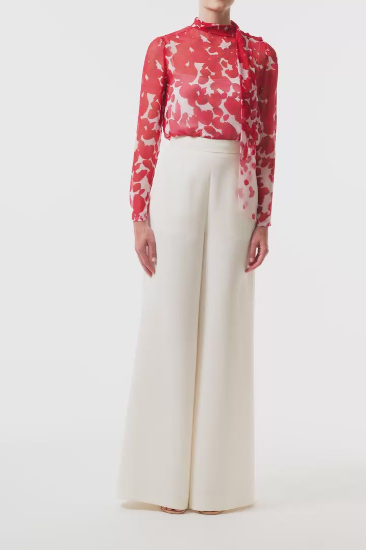 Monique Lhuillier Fall 2025 Candy/Multi Rose Petal Printed Chiffon scarf neck blouse- video.