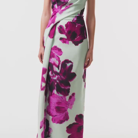 Monique Lhuillier Fall 2025 strapless column gown with side draping in electric floral printed gazar - video.
