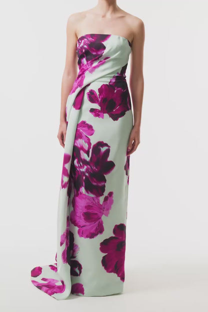 Monique Lhuillier Fall 2025 strapless column gown with side draping in electric floral printed gazar - video.