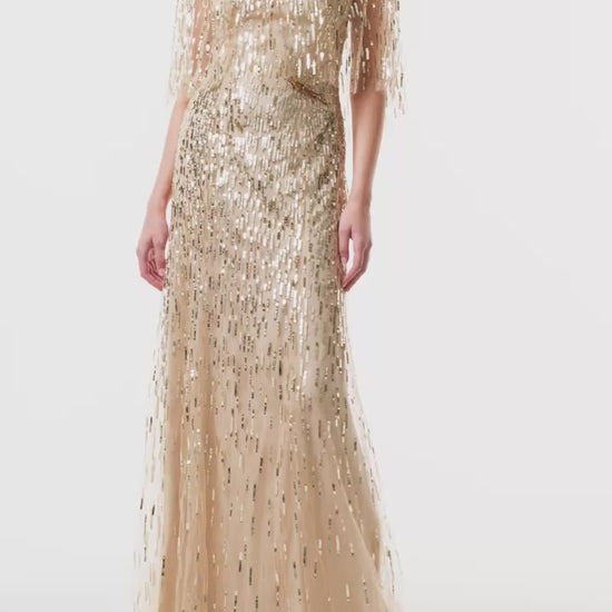 Monique Lhuillier Fall 2025 gold sequin embroidered tulle gown with integral capelet - video.