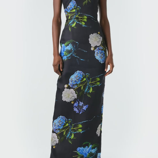 Monique Lhuillier Fall 2024 night sky floral, one shoulder column gown with draped neckline and natural waist seam - video.
