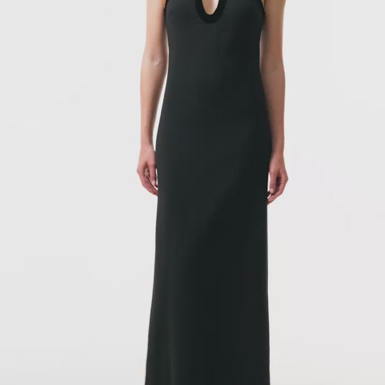 Monique Lhuillier Fall 2025 Noir Key-hole halter gown with velvet trim in Lightweight Silk Wool Suiting - video.
