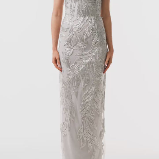 Monique Lhuillier Fall 2025 strapless column gown in silver feather embroidery - video.