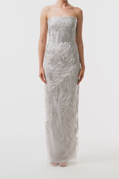 Monique Lhuillier Fall 2025 strapless column gown in silver feather embroidery - video.