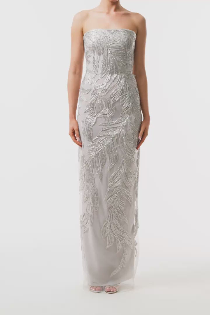 Monique Lhuillier Fall 2025 strapless column gown in silver feather embroidery - video.