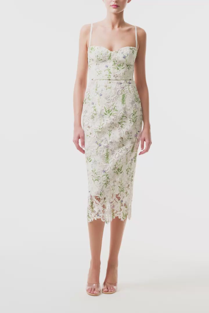 Monique Lhuillier Fall 2025 Corseted Floral Lace Dress in Pressed Floral Printed lace - video.