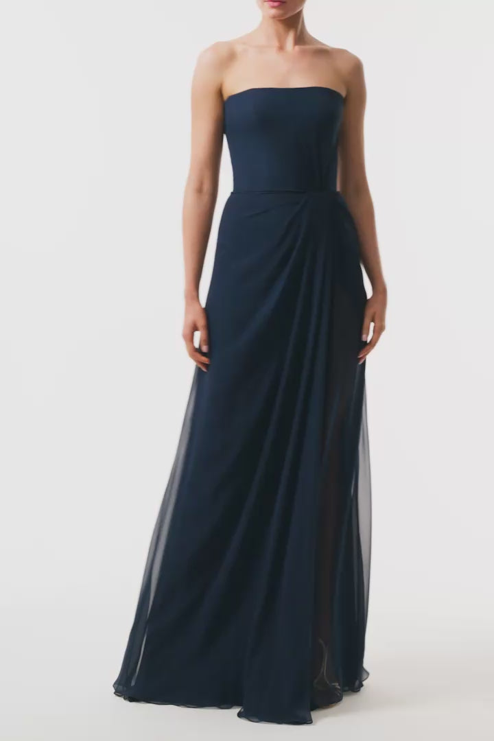 Monique Lhuillier Fall 2025 strapless draped gown in Ocean chiffon - video.