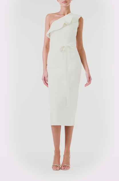 Monique Lhuillier Spring 2024 One Shoulder White Ruffle Knit Dress - video.