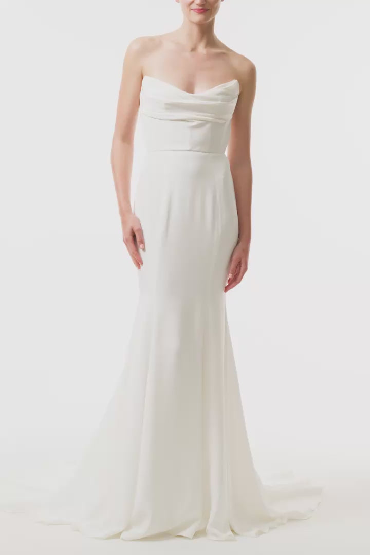 Strapless, satin gown with draped bodice and natural waist seam - video.