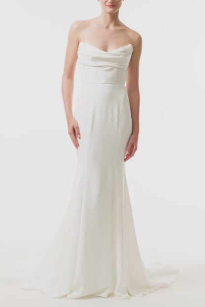 Strapless, satin gown with draped bodice and natural waist seam - video.