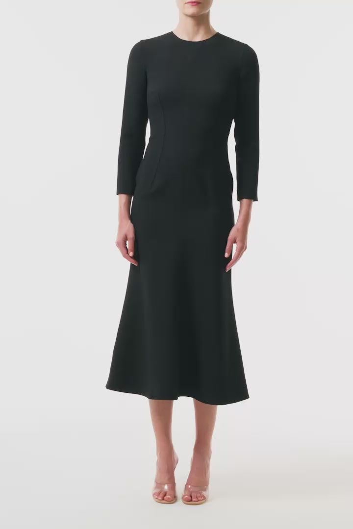 Monique Lhuillier Fall 2025 Noir Long sleeve midi dress in lightweight silk wool suiting - video.