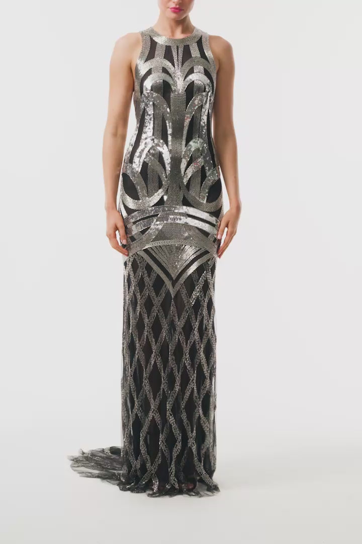 Monique Lhuillier Fall 2025 sleeveless, floor length gown in noir and silver deco embroidery - video.