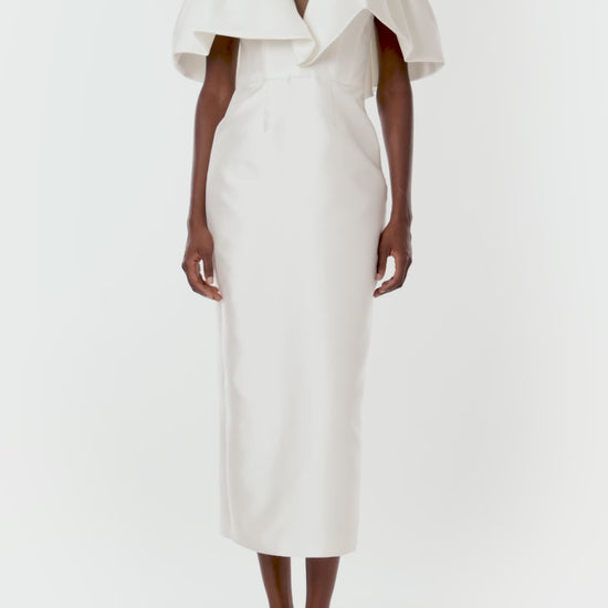 Monique Lhuillier midi length Chantel bridal dress with ruffle neckline and deep v sweetheart neckline in silk white mikado fabric.