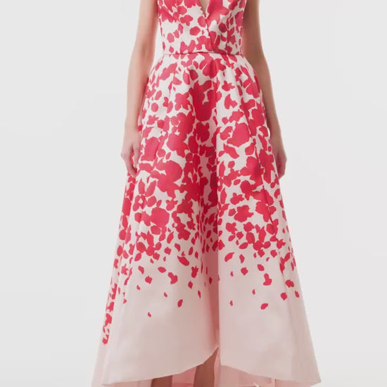Monique Lhuillier Fall 2025 Strapless gown with deep V neckline and high-low hem in candy multi colored rose petal mikado fabric - video.