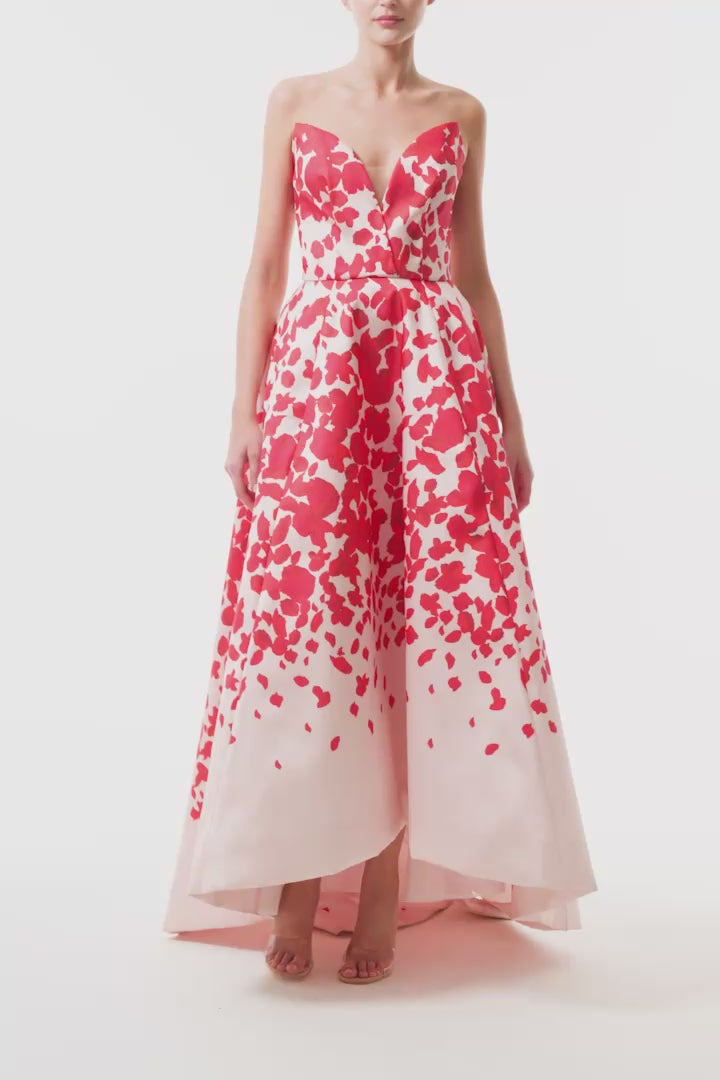 Monique Lhuillier Fall 2025 Strapless gown with deep V neckline and high-low hem in candy multi colored rose petal mikado fabric - video.