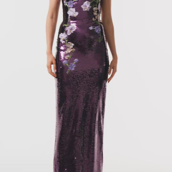 Monique Lhuillier Fall 2025 Violet/Multi floral embroidered sequin Strapless column gown with floral embroidery - video.