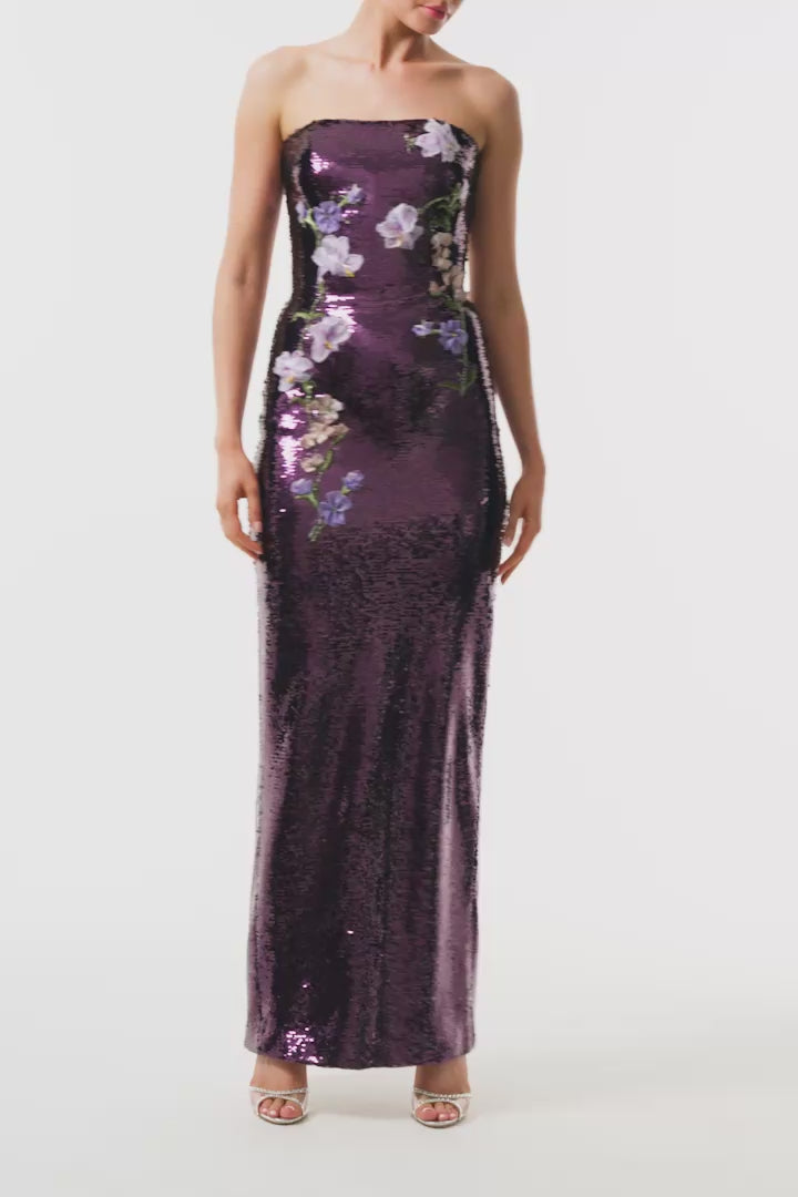 Monique Lhuillier Fall 2025 Violet/Multi floral embroidered sequin Strapless column gown with floral embroidery - video.
