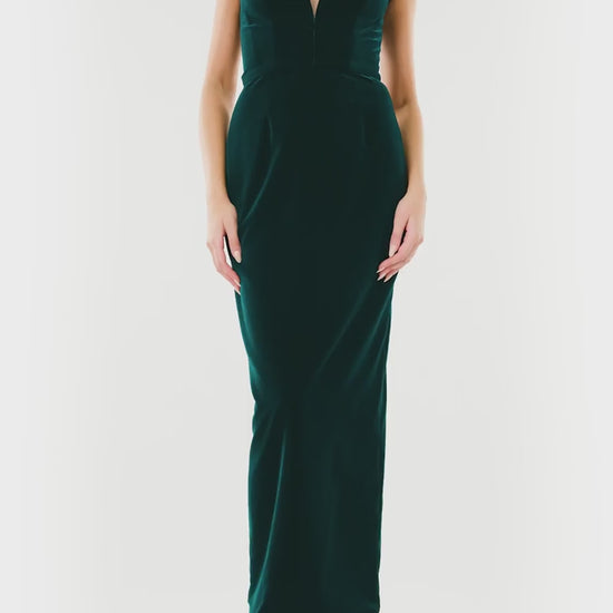 Monique Lhuillier dark teal strapless velvet cocktail dress with deep plunging sweetheart neckline.