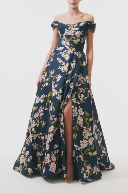 Monique Lhuillier Fall 2025 Ocean/Multi Wisteria Printed Gazar draped off-the-shoulder ballgown - video.