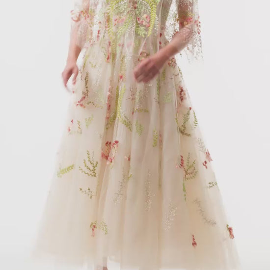 Monique Lhuillier Spring 2025 tulle capelet in Prosecco Multi colored embroidered tulle - video.