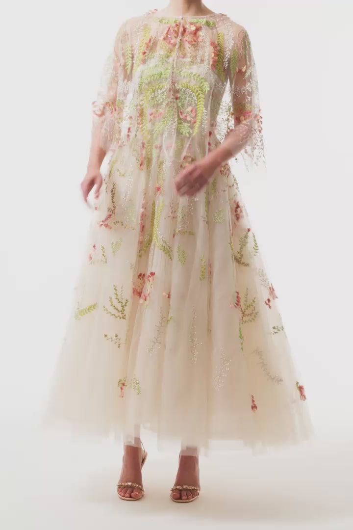 Monique Lhuillier Spring 2025 tulle capelet in Prosecco Multi colored embroidered tulle - video.