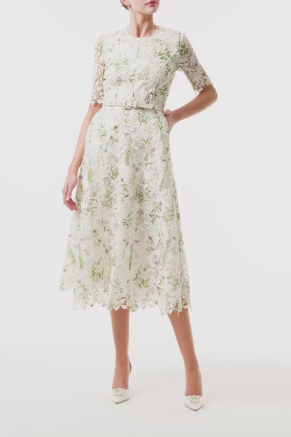 Monique Lhuillier Fall 2025 Floral Multi pressed floral printed lace short sleeve day dress with belt - video.