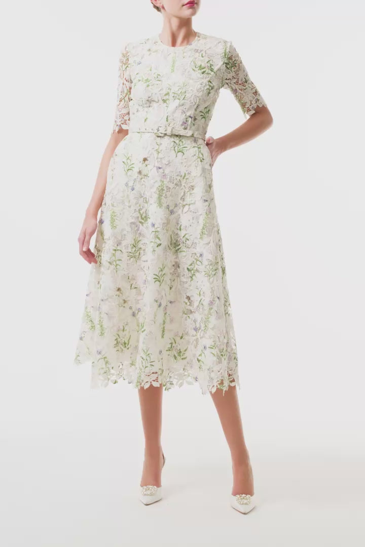 Monique Lhuillier Fall 2025 Floral Multi pressed floral printed lace short sleeve day dress with belt - video.