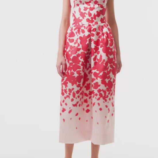 Monique Lhuillier Fall 2025 strapless, midi-length dress in Candy/Multi colored rose-printed mikado fabric - video.