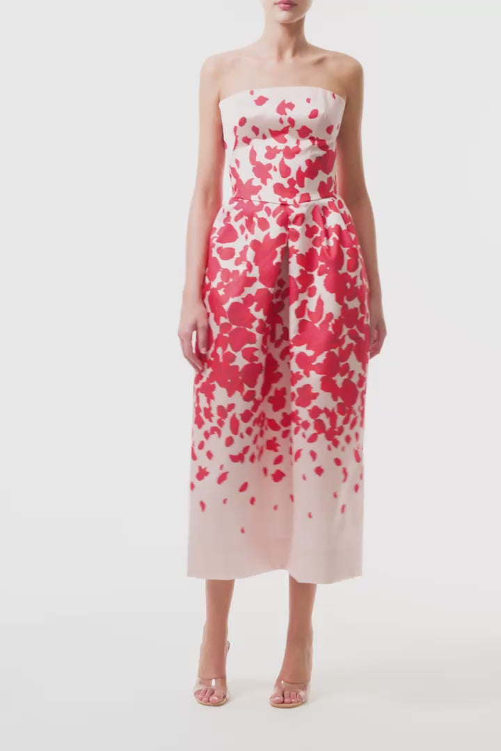 Monique Lhuillier Fall 2025 strapless, midi-length dress in Candy/Multi colored rose-printed mikado fabric - video.
