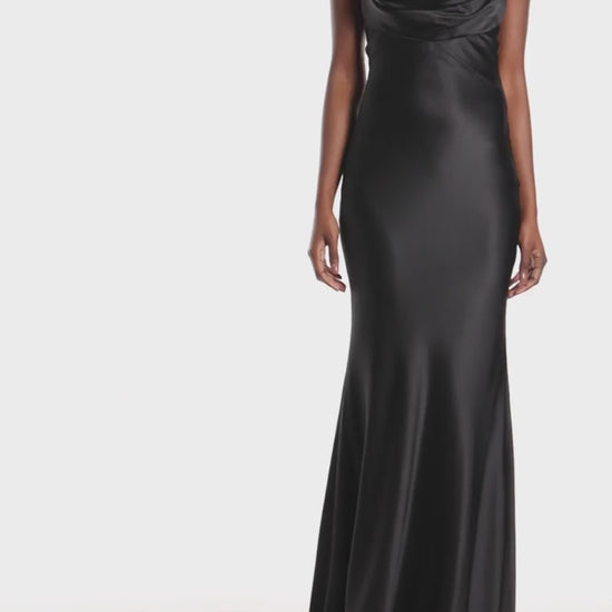 Monique Lhuillier Cowl Neck Sleeveless Satin Gown in Noir - video.
