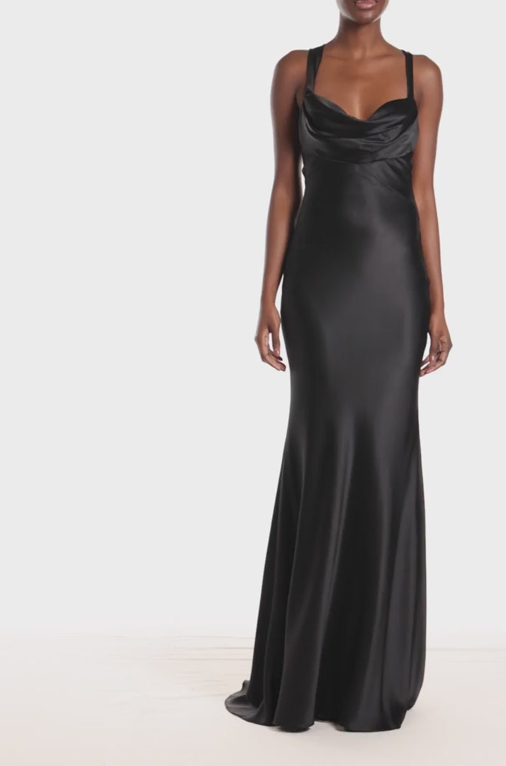 Monique Lhuillier Cowl Neck Sleeveless Satin Gown in Noir - video.