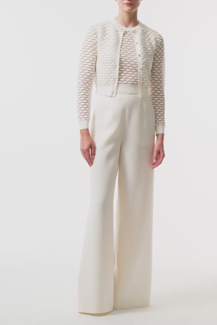 Monique Lhuillier Fall 2025 Ivory Viscose scallop knit cardigan with matching shell - video.