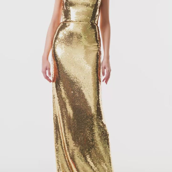 Monique Lhuillier Fall 2025 gold sequin sleeveless column gown - video.
