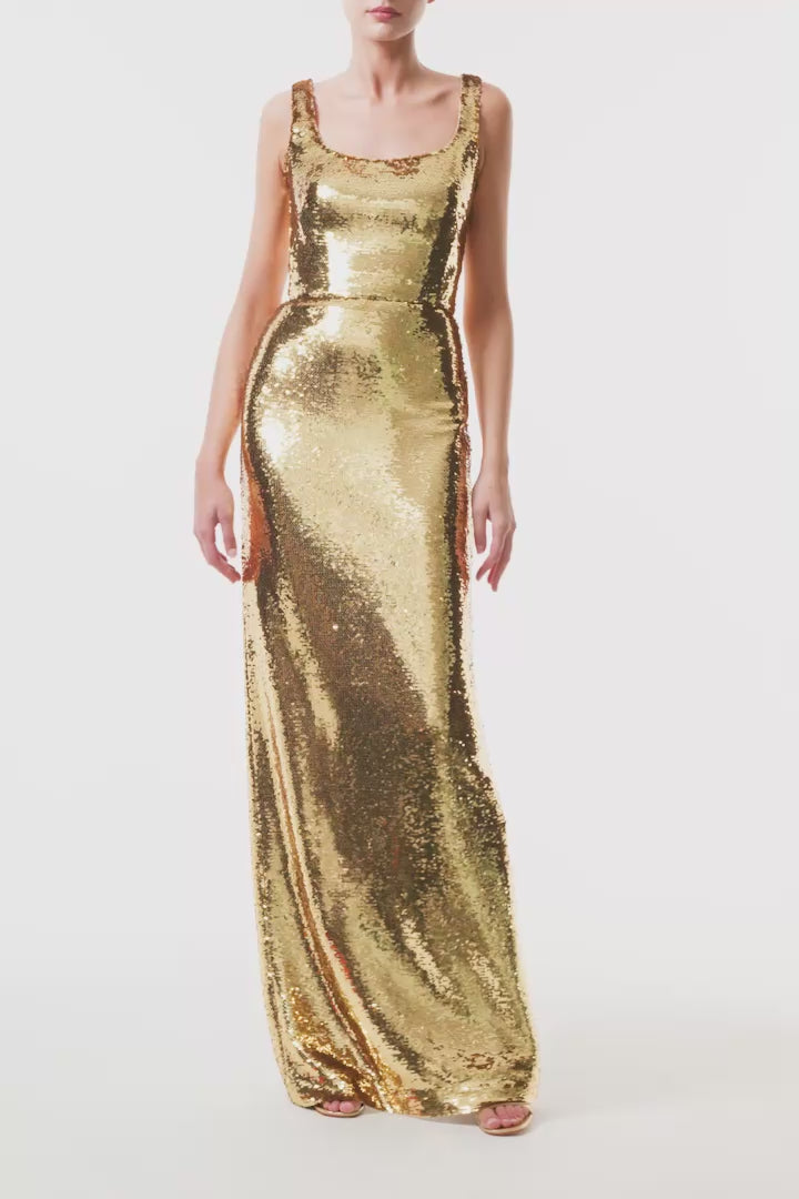 Monique Lhuillier Fall 2025 gold sequin sleeveless column gown - video.