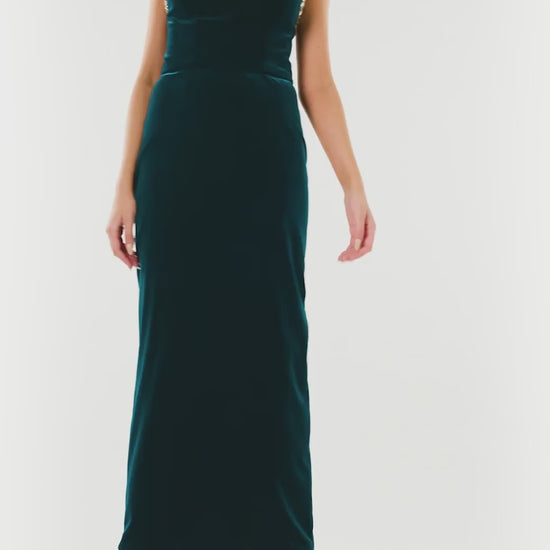 Monique Lhuillier dark teal strapless, tea length column dress with asymmetric bodice and crystal embroidery detail at neckline.