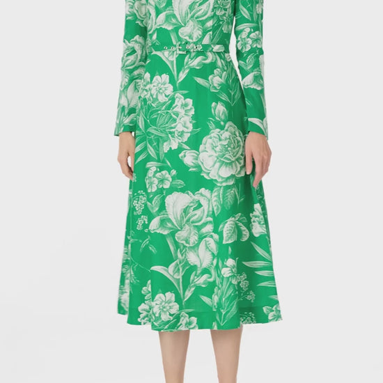 Monique Lhuillier Spring 2025 Floral toile printed linen long sleeve day dress with jewel neckline and circular skirt in grass silk white color - video.