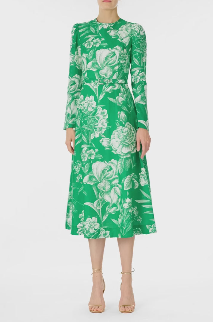 Monique Lhuillier Spring 2025 Floral toile printed linen long sleeve day dress with jewel neckline and circular skirt in grass silk white color - video.