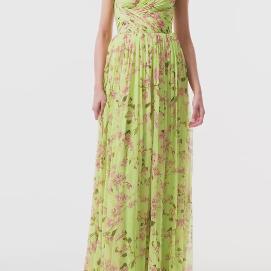 Monique Lhuillier Fall 2025 Celedon/Multi Wisteria Printed chiffon draped a-line gown - video.