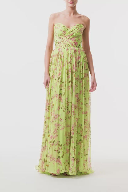 Monique Lhuillier Fall 2025 Celedon/Multi Wisteria Printed chiffon draped a-line gown - video.